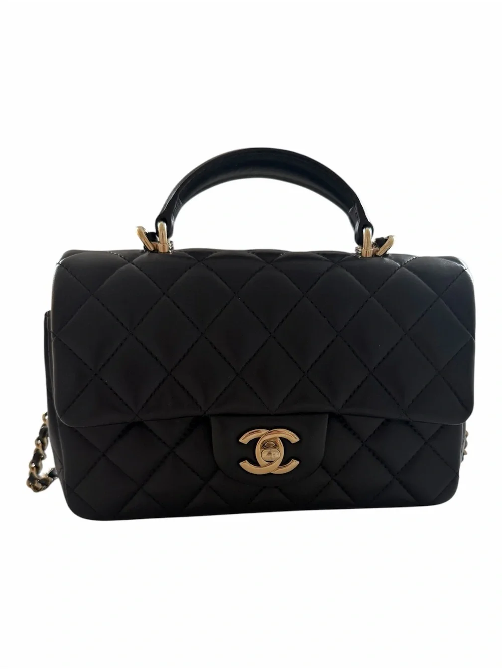 CHANEL Black Quilted Leather Top-Handle Crossbody with Gold-Tone Hardware